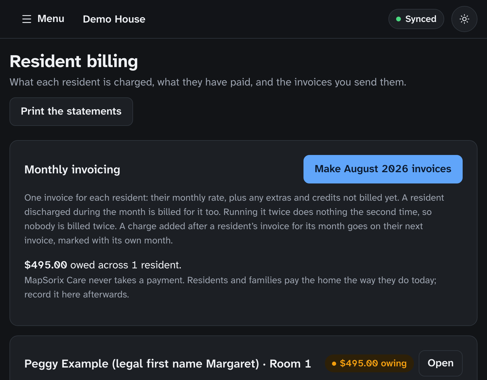 The same resident billing screen in dark mode.