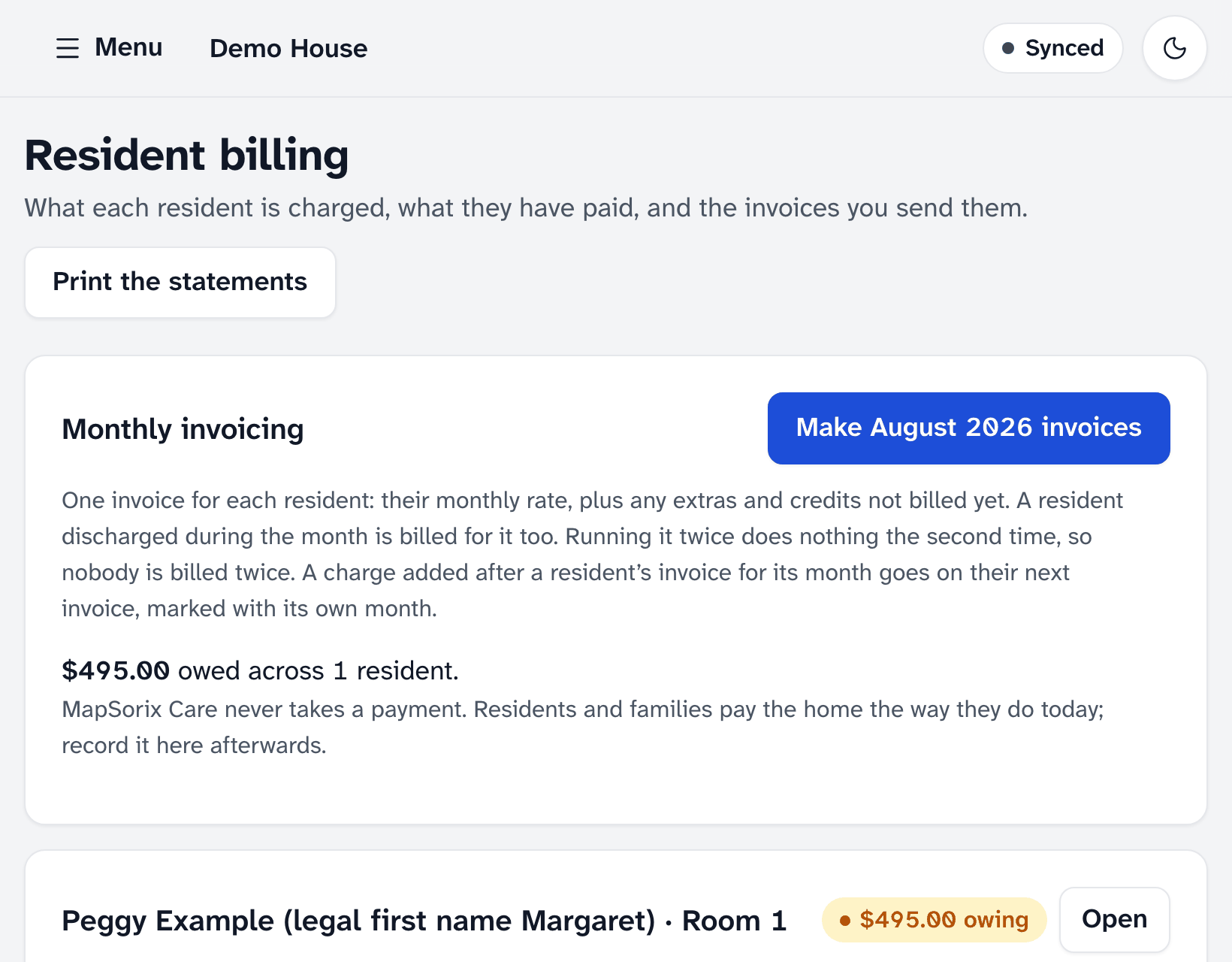 Resident billing: the button that makes last month’s invoices, the total owed across residents, and a sample resident’s agreed monthly rate and balance.