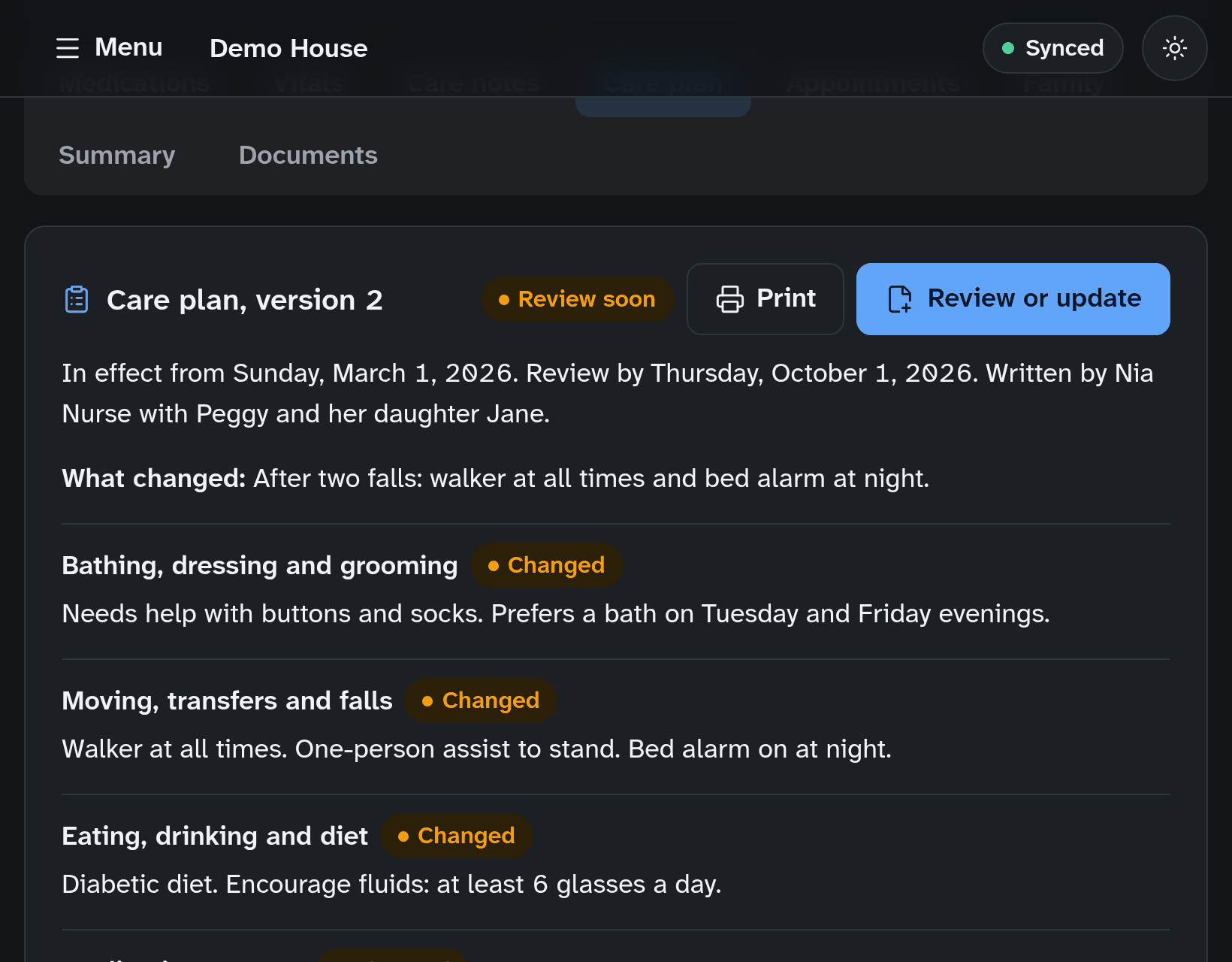 The same care plan in dark mode.