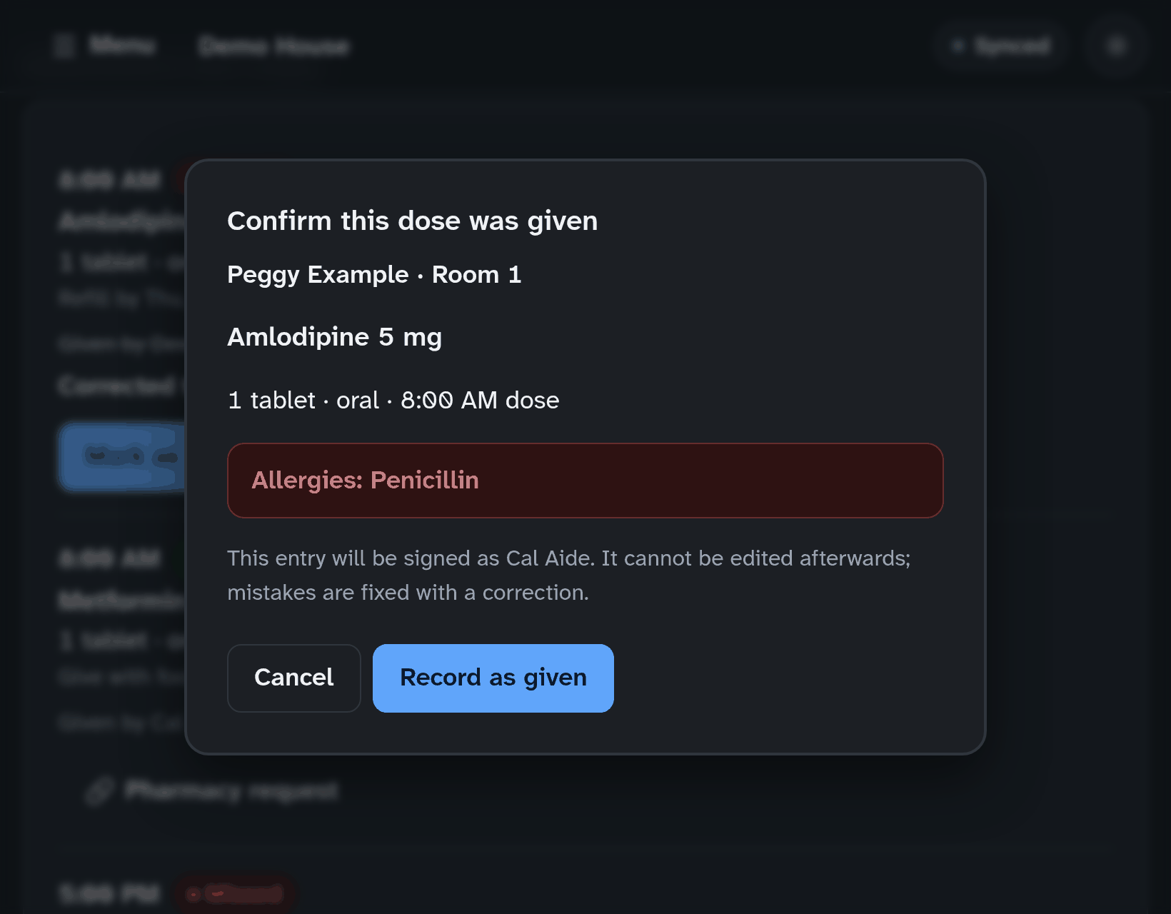 The same confirmation in dark mode.