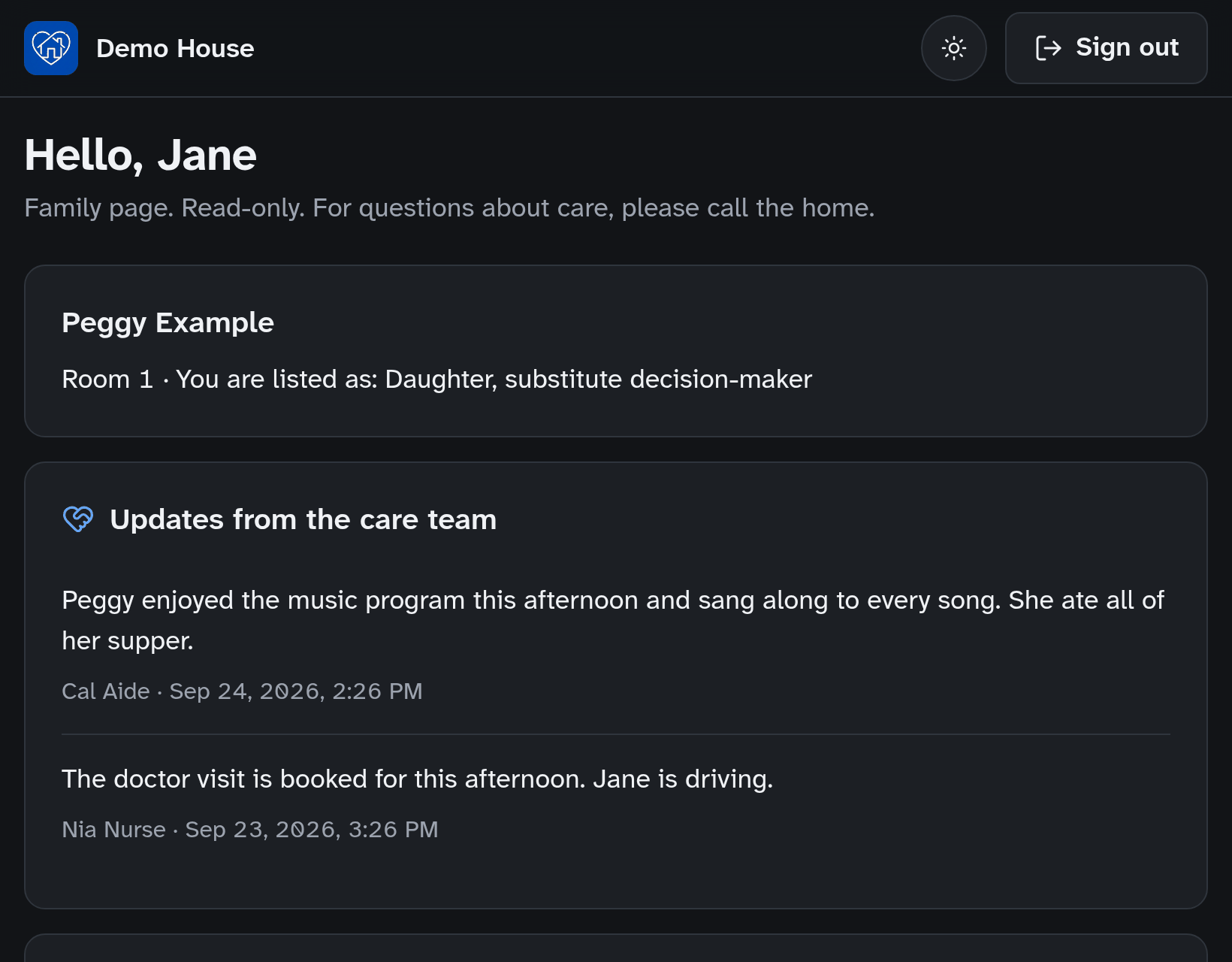 The same family portal in dark mode.