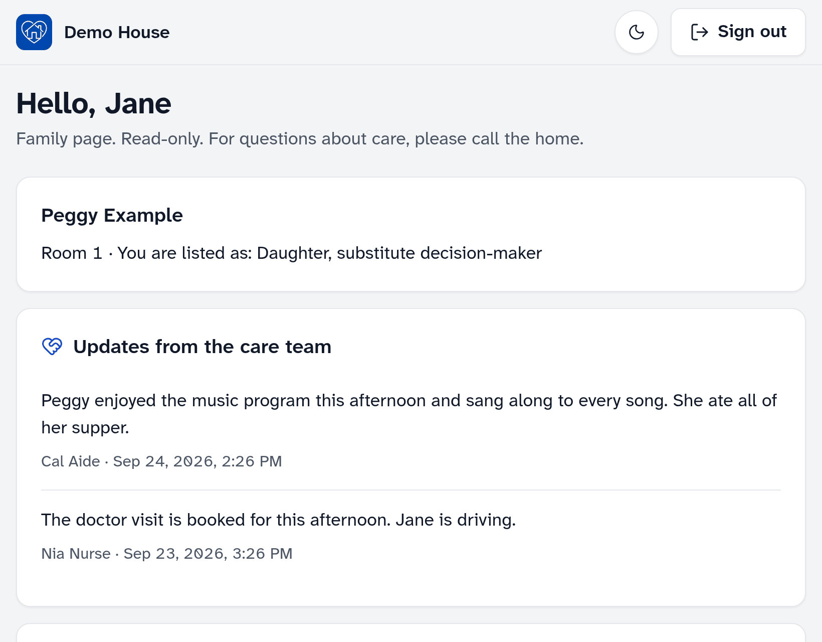 The family portal for a sample resident: her name and room, and updates shared by staff, each with the staff member’s name and the time.