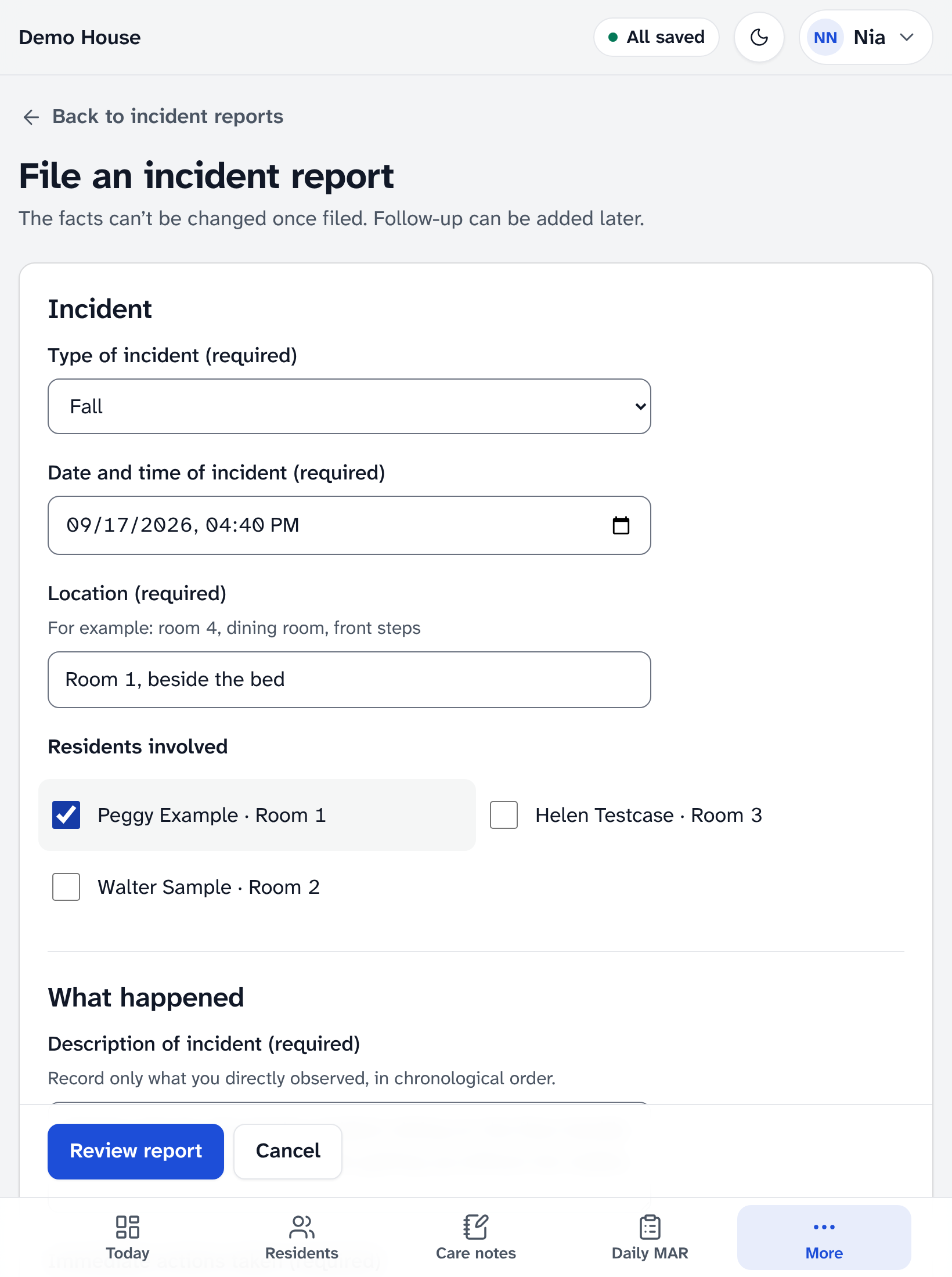 An incident report for a fall, being filled in: the type, the date and time, where it happened and the sample resident involved, with What happened below.