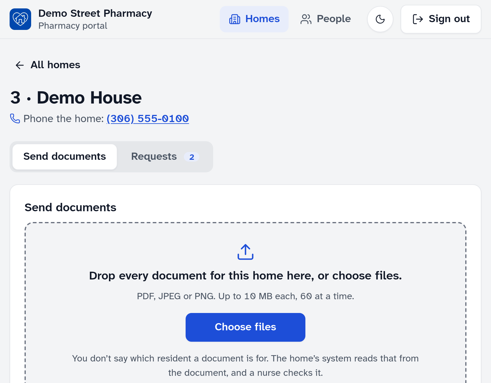 A sample home in the pharmacy portal: the home’s number, name and phone number, and one box to drop every document for the home.